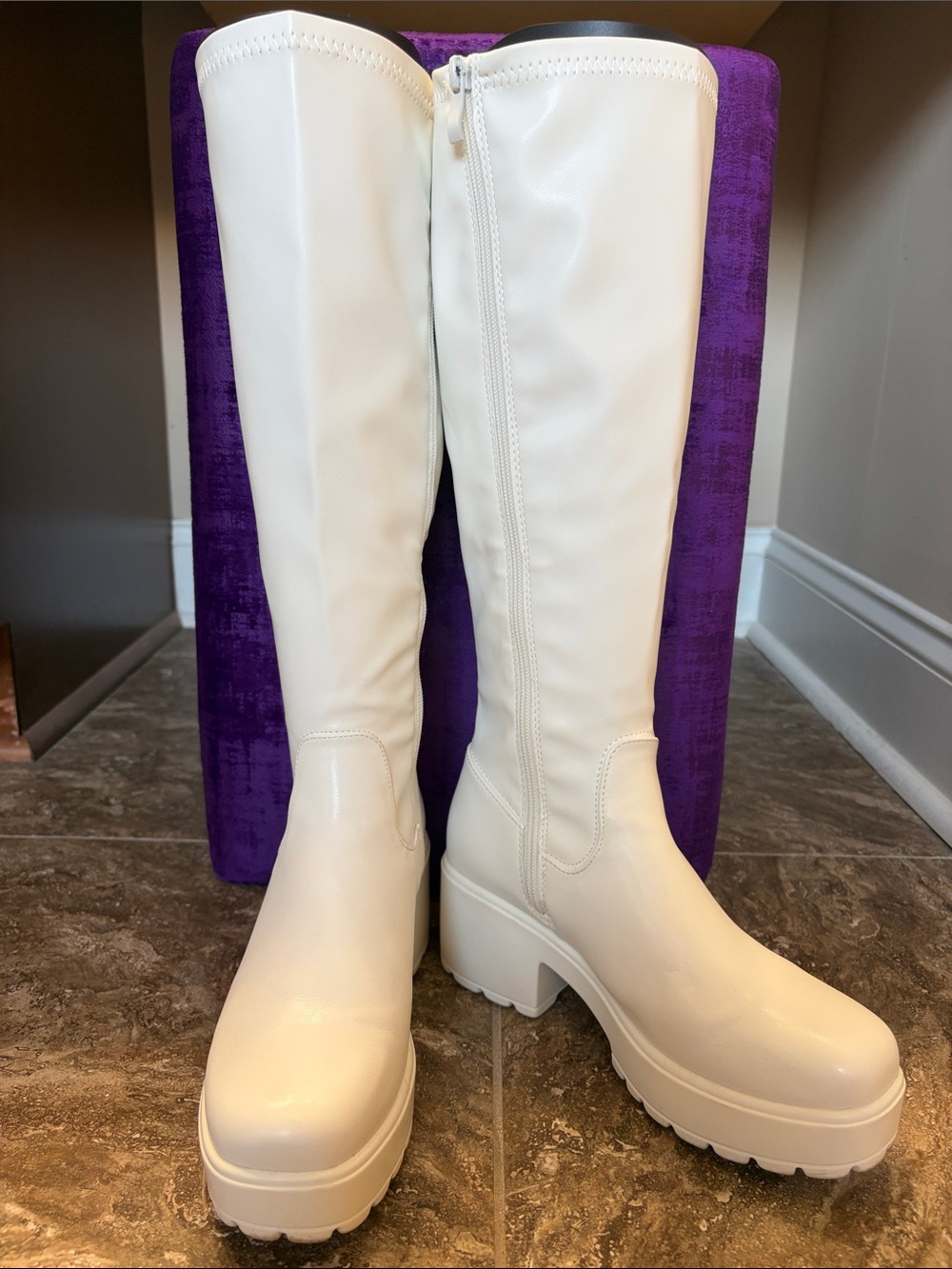 Women's White Knee-High GO GO Platform Heeled Boots